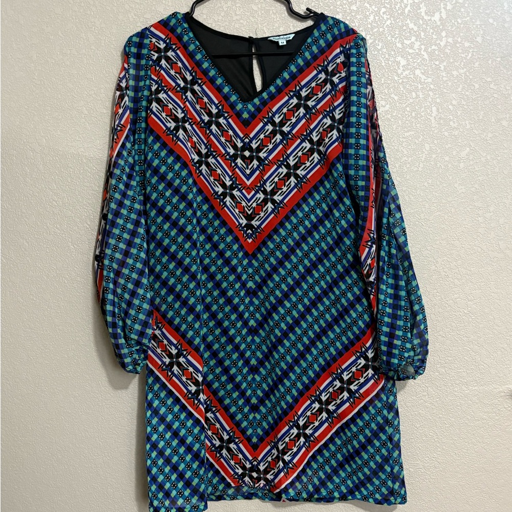 Nostalgia Blue and Red Long Sleeve Dress